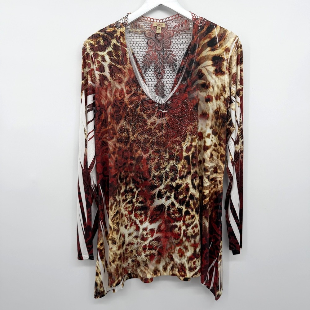 Reba‎ Tunic Top Shirt Size 2X Rhinestones Stretch Crochet Lace Mob Wife Leopard